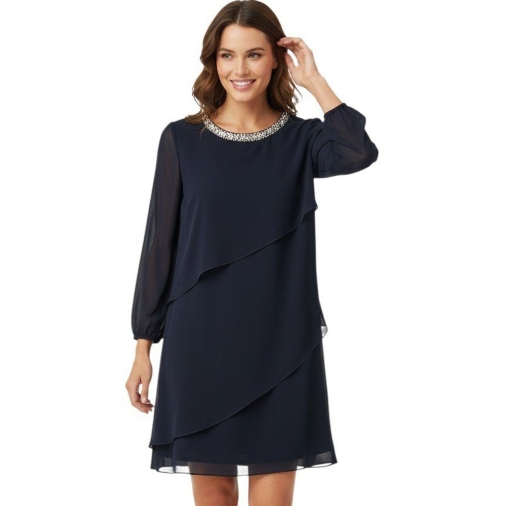Evan-Picone Petite Navy Blue Tiered Embellished Cocktail Dress Size 4P A157